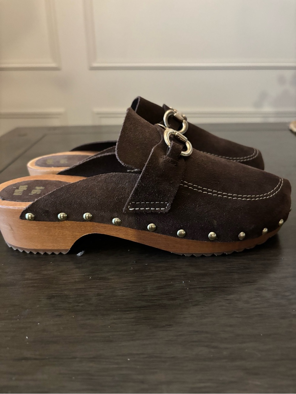 Brown Suede Studded Mule with Gold Bit Hardware size 38 - Picture 4 of 7
